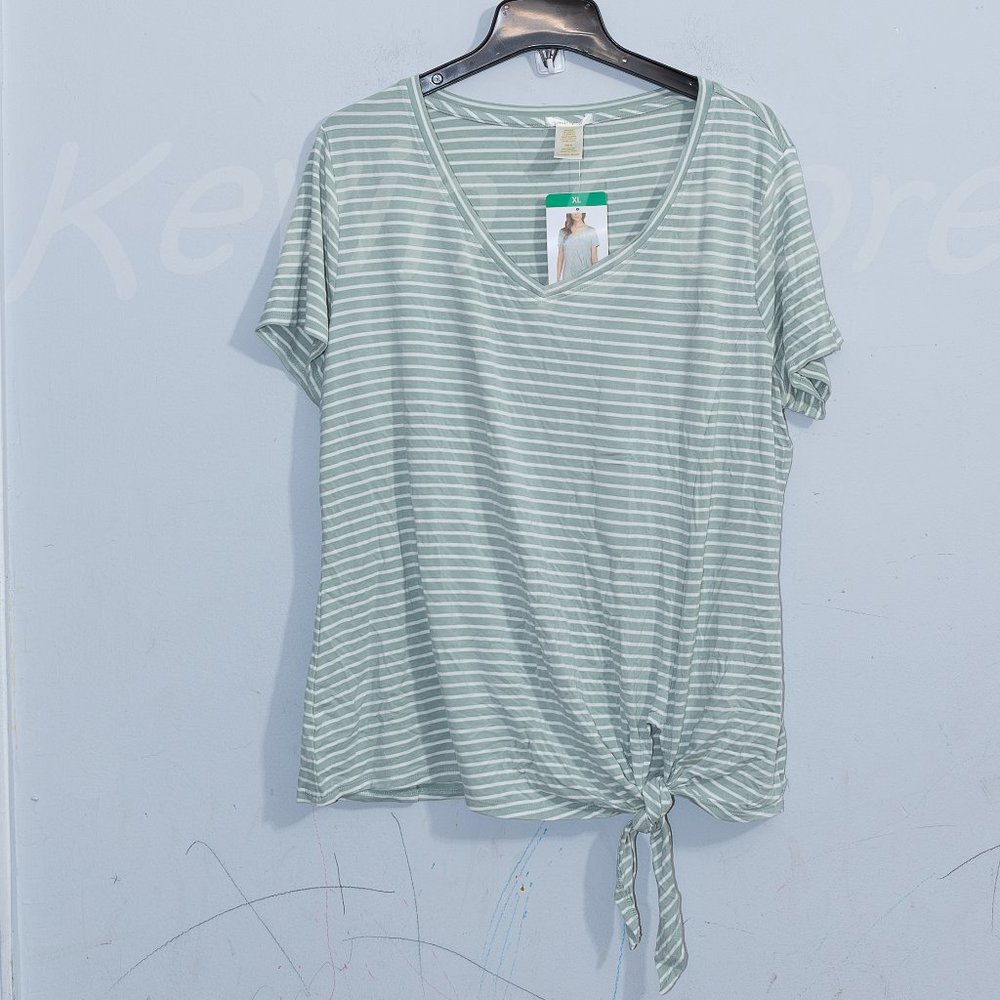 Green Nwt Women's Stretch Knit Short Sleeve V-Neck Side Tie Tee Shirts- - Picture 2 of 5